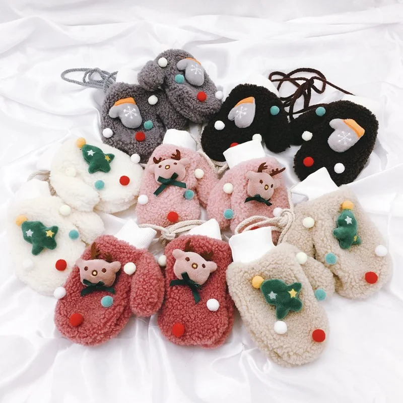 

Christmas Cartoon Gloves Children Boys Girls Plush Elk Winter Warm Gloves Tree Decorative Warm Accessories Skiing Gloves