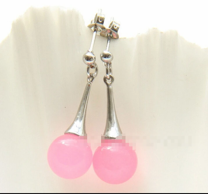 +++ Wonderful ! 10mm round pink jade Drop dangle earrings E2152 18K GP style Fine jewe Noble Natural FREE SHIPPING | Украшения и