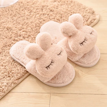 

Winter Fashion Kids Home Slippers Faux Fur Warm Shoes Girls Slip on Flats Female Children Fur Flip Flops Indoor Non-slip Slippe