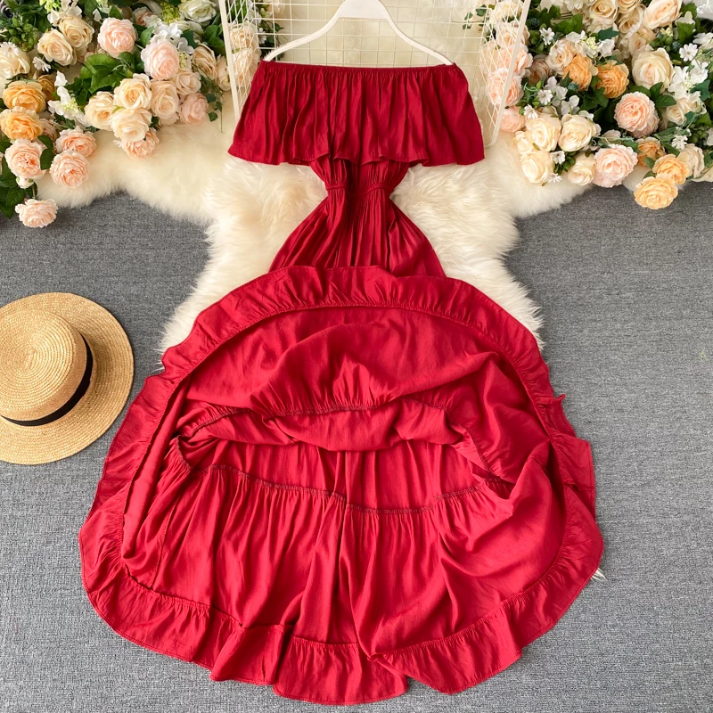 SINGRAIN Women Summer Off Shoulder Maxi Dress Solid Ruffles Dress Elegant Romantic A-Line Dress Korean Sexy Slash Neck Long Robe