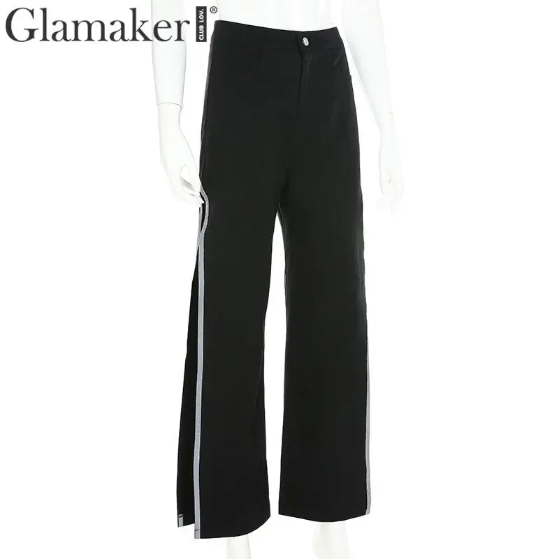 Glamaker черные хлопковые широкие брюки женские элегантные лоскутные брюки с разрезом и высокой талией женские осенние зимние вечерние повседневные сексуальные брюки