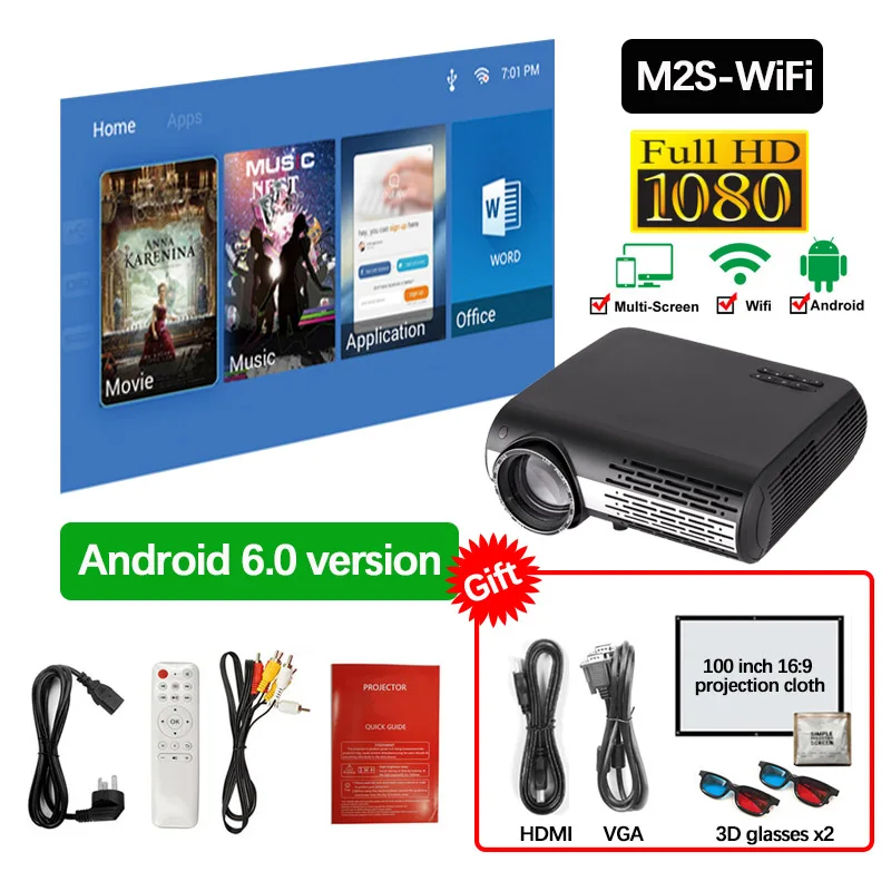 M2W-HD Real tv M2 серия Full HD 1080P светодиодный проектор домашний мультимедийный проектор на выбор Android WiFi HDMI USB AV видео Bluetooth Proyector с подарком - Цвет: M2W-HD