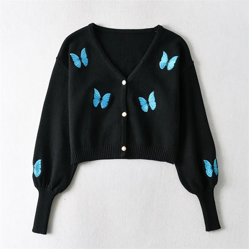 トップス Butterfly Yarn V-Neck Cardigan Sun-imperial - women white v neck blue butterfly print knit