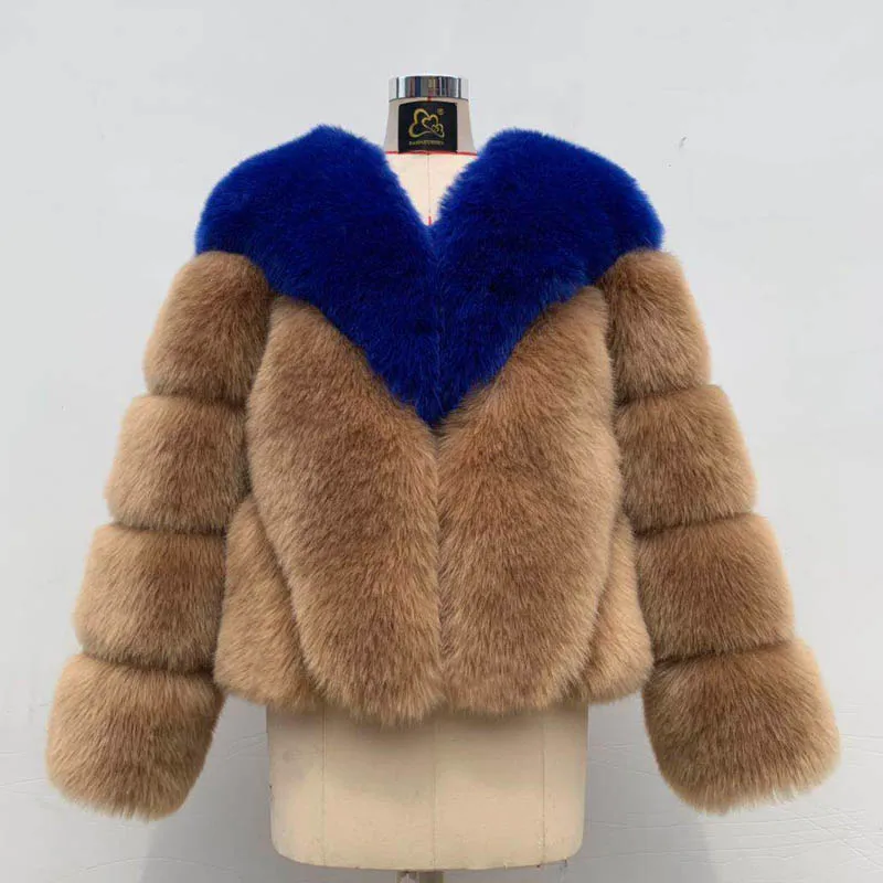blue and camel Роскошное контрастное цветное меховое пальто, женская зимняя куртка из искусственного лисьего меха, пальто, уличная мода, пушистое пальто, Толстая теплая куртка из искусственного меха - Цвет: blue and camel