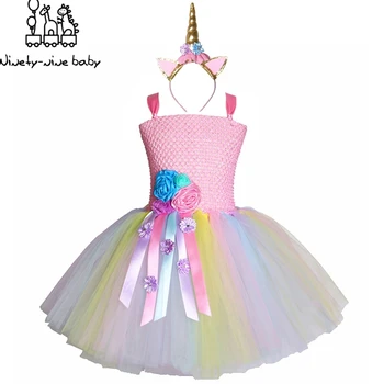 

Flower Girls Unicorn Tutu Dress Pastel Princess Girls Birthday Party Dress Children Kids Halloween Unicorn Costume for girls