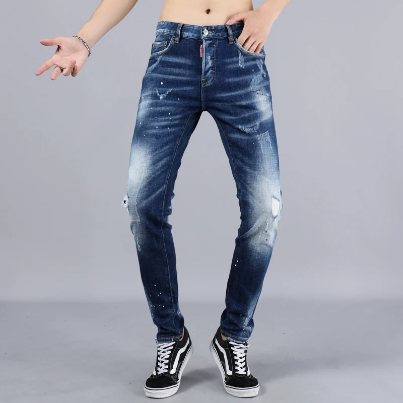 Fashion Streetwear Men Jeans Blue Color White Wash Slim Fit Ripped Jeans Men Elastic High Quality Brand Designer Jeans Homme