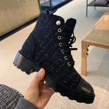 

Brand Design Women Shoes Black Botas Mujer Cross-tied Winter Shoes Woman Square Heel Ankle Booties Luxury Warm Chaussures Femme