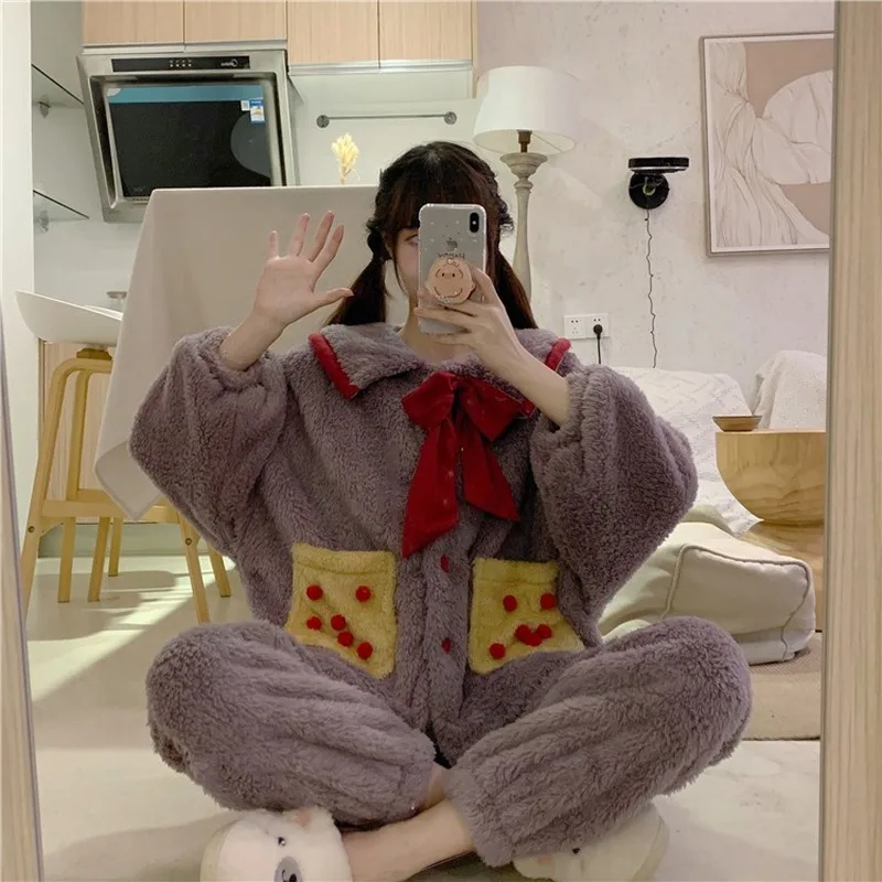 

Pajama Woman Winter Red Bow Tie Wide Loose Plush Down Warm Pajamas Casual Women's Home Clothes Pajamas for Teen Girls