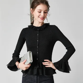 

Ruffles Cardigan Winter Clothes Knit Sweater Cardigans Winter Tops for Women Flare Sleeve Black Sweater Designer Luxury Sweater