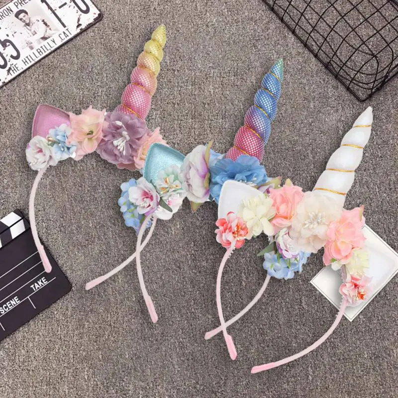 Fashion Headband Cute Kids Women Sweet Flower Unicorn Horn Hair Band Birthday Party Flower Floral Crown Headwear