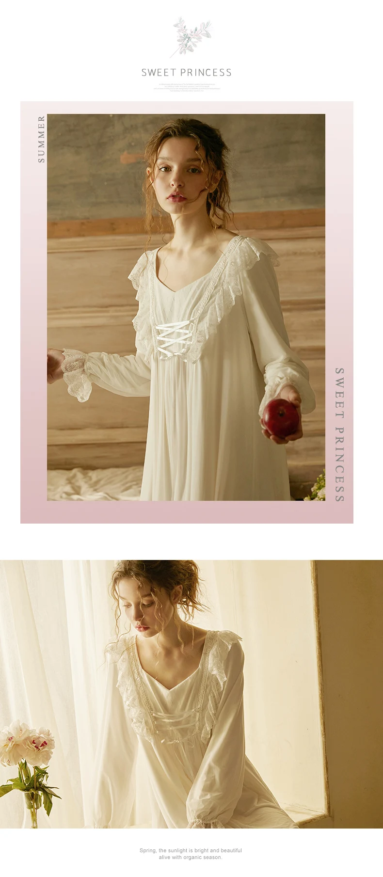 Винтажная белая кружевная Женская длинная ночная рубашка с длинными рукавами из хлопка, белая одежда для сна, элегантное Ночное платье, размер гной