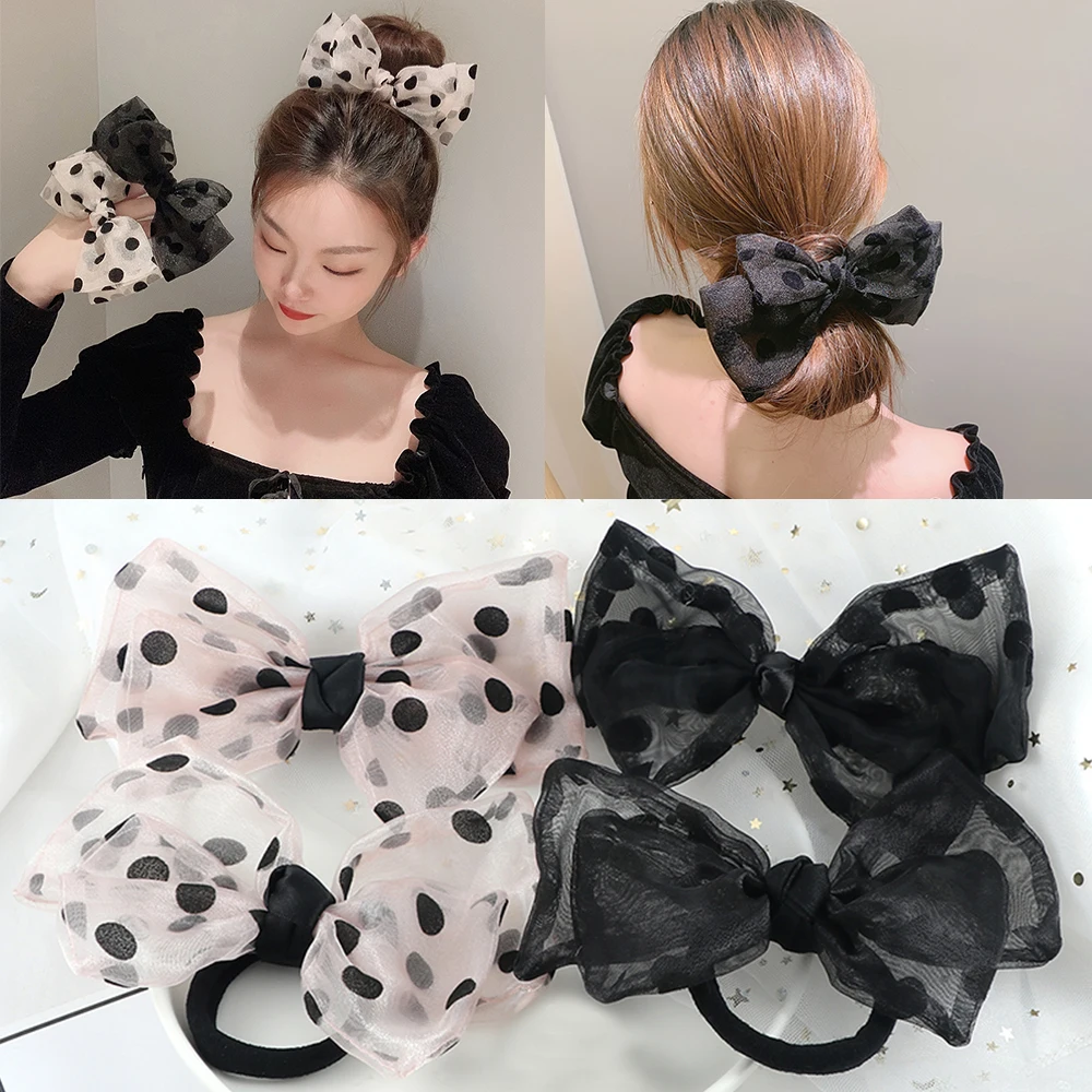 

Black Organza Bowknot Hair Band Korean Polka Dot Large Bow Hair Clip Women Girl Elegant Solid Color Elastic Headband Accessories