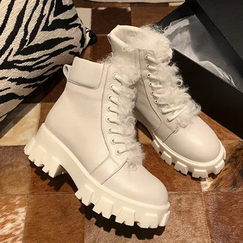

Hairy white platform Motorcycle boots Chunky Sole warm plush Ankle Boots winter Shoes Women