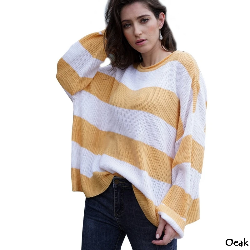 

Oeak Women's loose sweater round neck striped sweater female autumn and winter pullover knit sweater ladies 2019 new