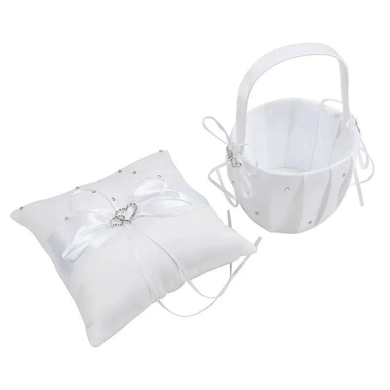 2 Heart Rhinestones Ivory Satin Flower Girl Basket and Ring Pillow Set bleach | Дом и сад