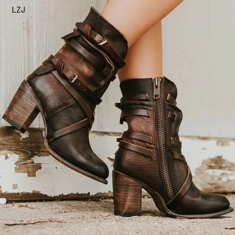 LZJ/ г. Женские ботильоны на высоком квадратном каблуке, botas zapatos mujer, зимняя кожаная обувь в стиле ретро, ботинки в ковбойском стиле, большие размеры 35-43
