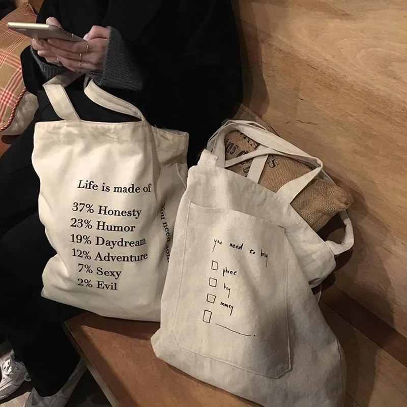 

GABWE Daily Use Reusable Simple Shopping Bag Travel Canvas Tote Bags Printing Eco Cotton Bag Women Ins Zipper Shoulder Bags