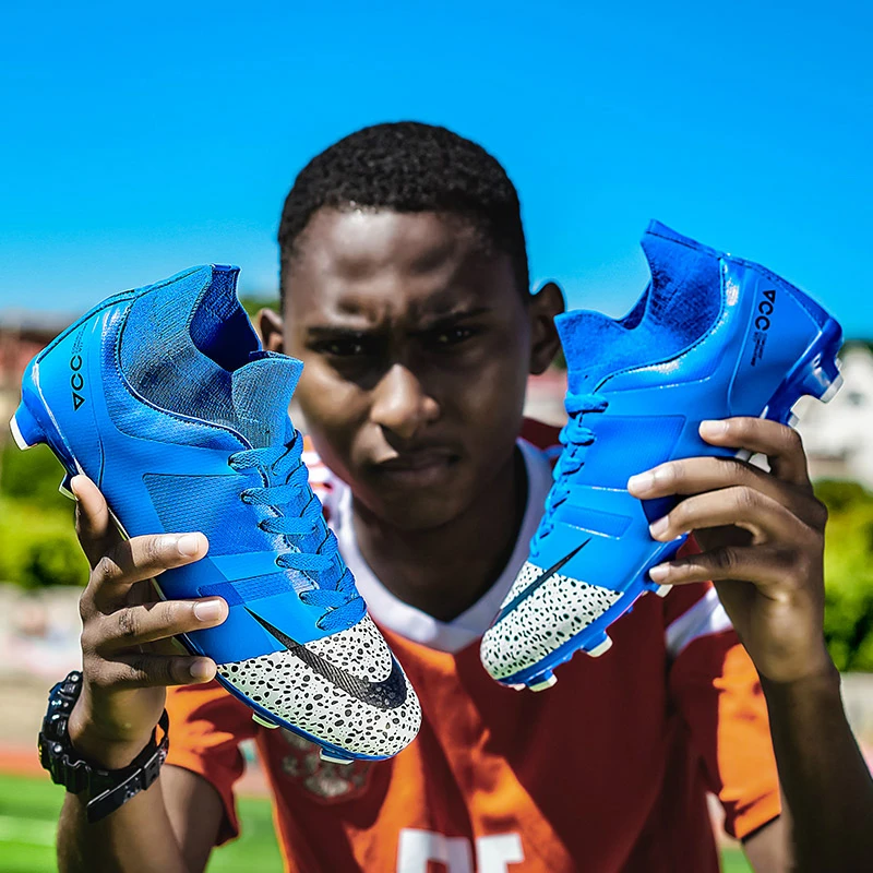

Football Shoes for Men Kids Indoor Soccer Sneakers Turf Spike Superfly Futsal Original Comfortable Waterproof Boots WHITE BLUE