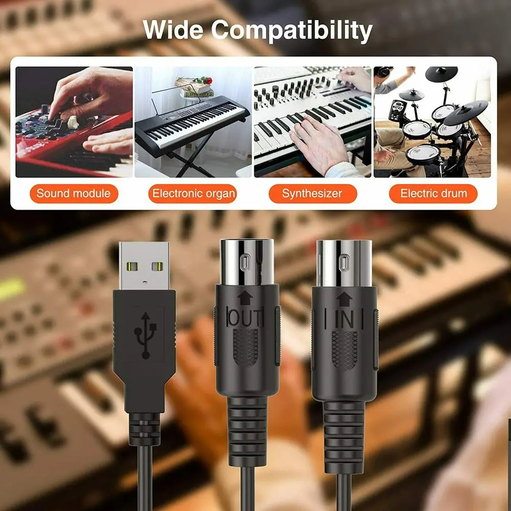 USB MIDI Cable Adapter, USB Type A Male to MIDI Din 5 Pin In-Out Cable  Interface with LED Indicator for Music Keyboard 