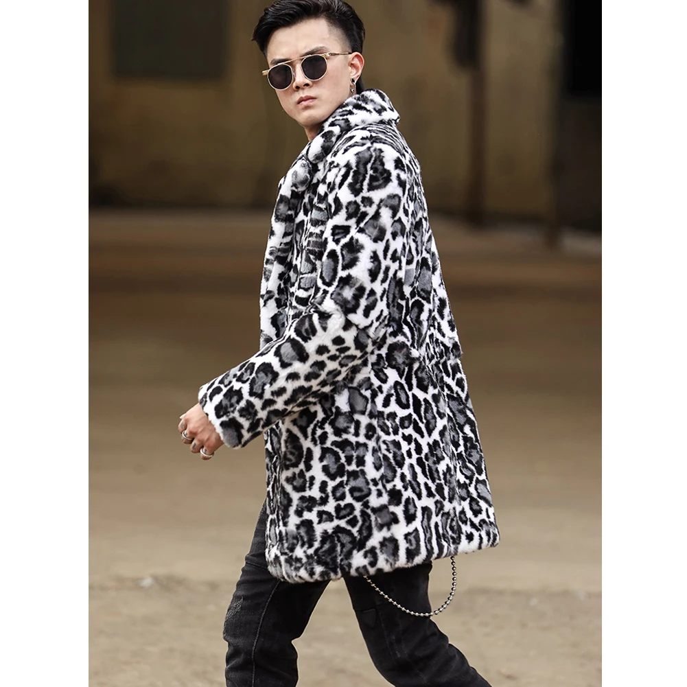 Зимняя новая мужская шуба с кроличьим мехом, модная длинная верхняя одежда, мех под леопарда, пальто, костюм с воротником, куртка с кроличьим мехом