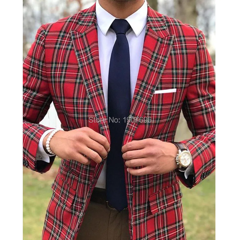 Fashion Scottish Plaid Men Suits for Wedding Groom Tuxedos Slim Fit Peaked Lapel Male Suit 2 Piece Blazer with Pants