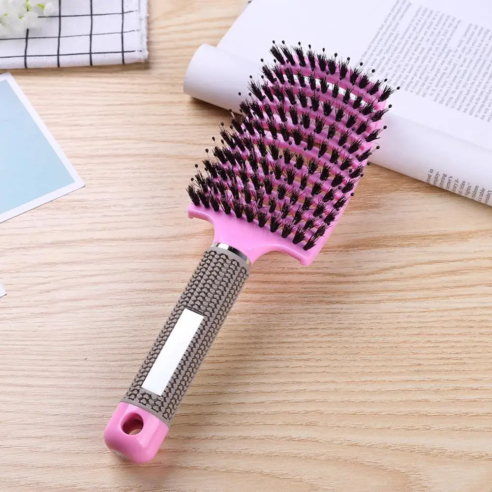 Hair Scalp Massage Comb Hairbrush Bristle Nylon Women Wet Curly Detangle Hair Brush for Salon Hairdressing Styling Tools - Цвет: Pink With Hair