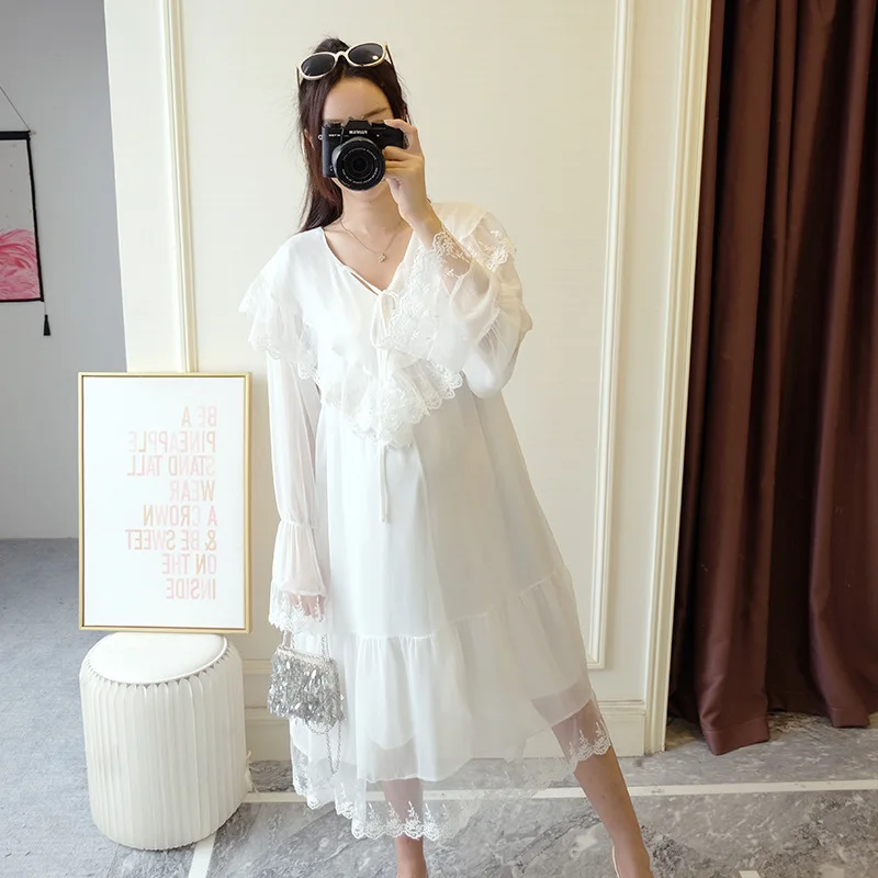 

2019 Fashion New Style Maternity Clothes Korean-style Tops Spring Mid-length Dress Large Size Chiffon Dress Spring
