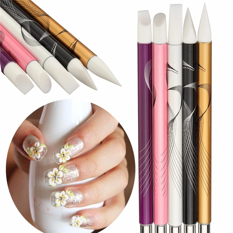 5pcs Metal Silicone Nail Art Brush Acrylic Liquid Powder Carving Craft Pottery Sculpture Image Painting Shaping Pen Kit