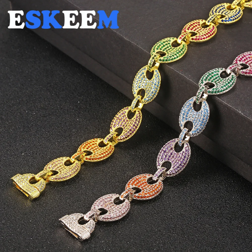 Eskeem ювелирные изделия Iced Out цветной пыхтел CZ звено браслет хип-хоп 14 мм кофейные бобы браслет для унисекс