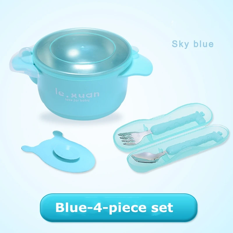 Blue-4pcs 4 шт./компл. Детские чаша ложка Вилка питания Еда посуда детская посуда, столовая посуда с защитой от перегрева из нержавеющей стали - Цвет: Blue-4pcs