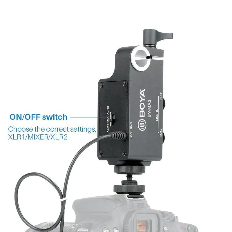 

BOYA BY-MA2 Dual-Channel XLR Audio Mixer with 6.35mm input 3.5mm Jack for Canon Nikon DSLR Camcorders Wireless Microphone System
