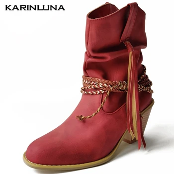 

karinluna 2020 Fashion Brand shoes Vintage Ankle Boots Roud Toe Fringe Ankle Strap Chunky Heels Casual women shoes