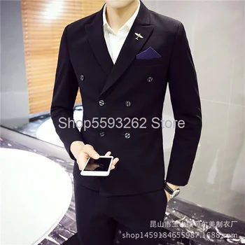 

autumn hard Hanfeng men's double-breasted suit three-piece Men's trend suit men's suit