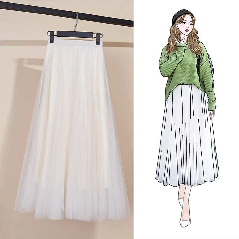 

Korean-style Fall And Winter Clothes Skirt Loose-Fit Western Style Mesh Dress Chubby Mm Large Size High-waisted Long Skirts Eleg
