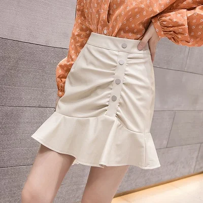 beige Уличная ruched ruffles Русалка Мини Женская юбка осень высокая талия пуговицы из искусственной кожи юбки женские сексуальные листья лотоса jupe saias - Цвет: beige