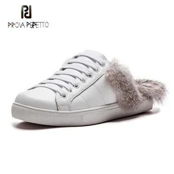 

Prova Perfetto White Genuine Leather Casual Shoes Women Round Toe Rabbit Fur Inside Fashion Mules Shoe Flat Heel Comfort Slipper