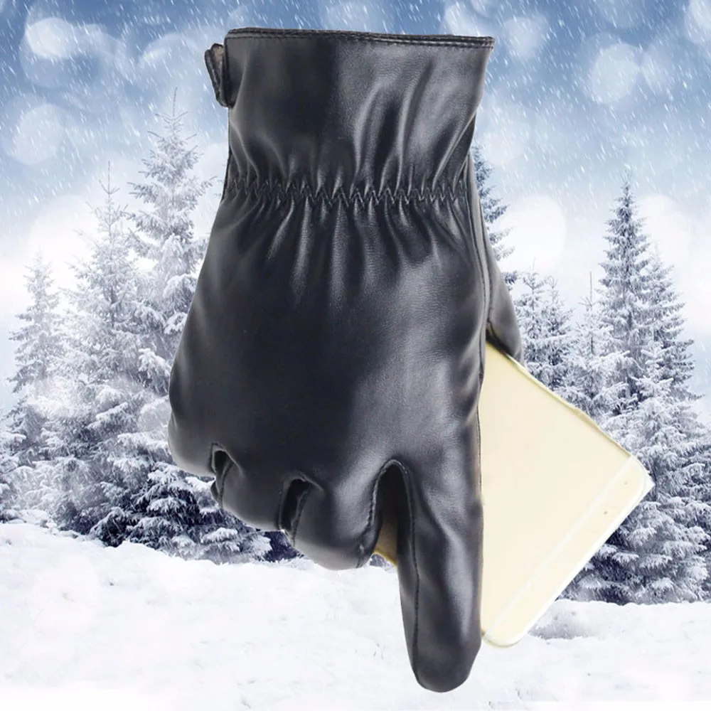 Мужские зимние кожаные перчатки теплые кнопки сенсорный экран вождения мягкая подкладка ветрозащитный мотоцикл велосипедные перчатки