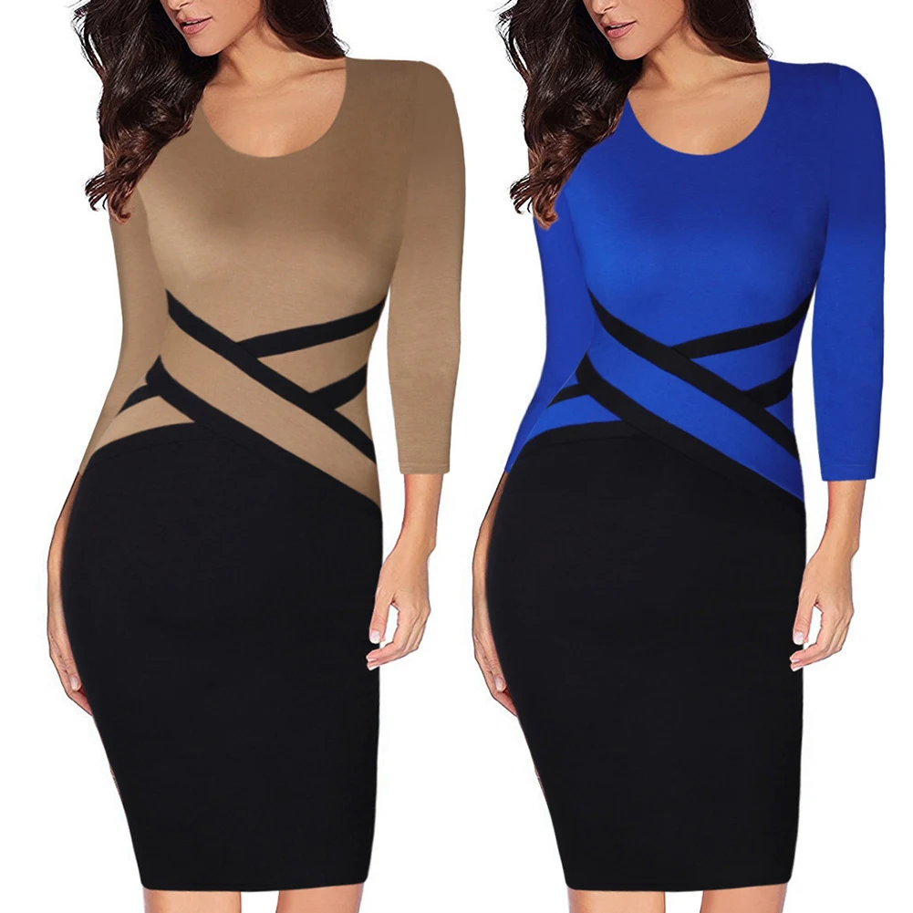Офисная Леди Осень 3/4 рукав О-образный вырез цвет блок крест Печать Bodycon мини платье большой сплошной цвет платье круглый вырез короткий рукав