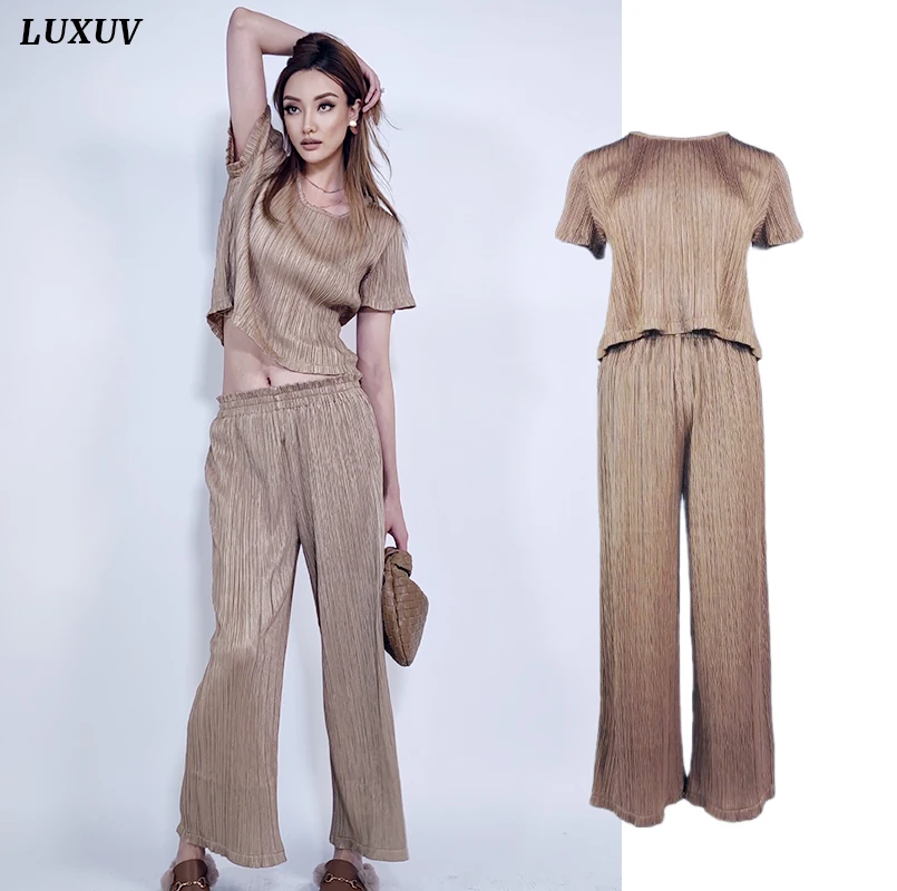 

LUXUV Women's tracksuit Clothing Crop Top Pants Outfit Urban Blazers Suit Two piece Set Pleated Sweatshirt Tourser Pantsuit