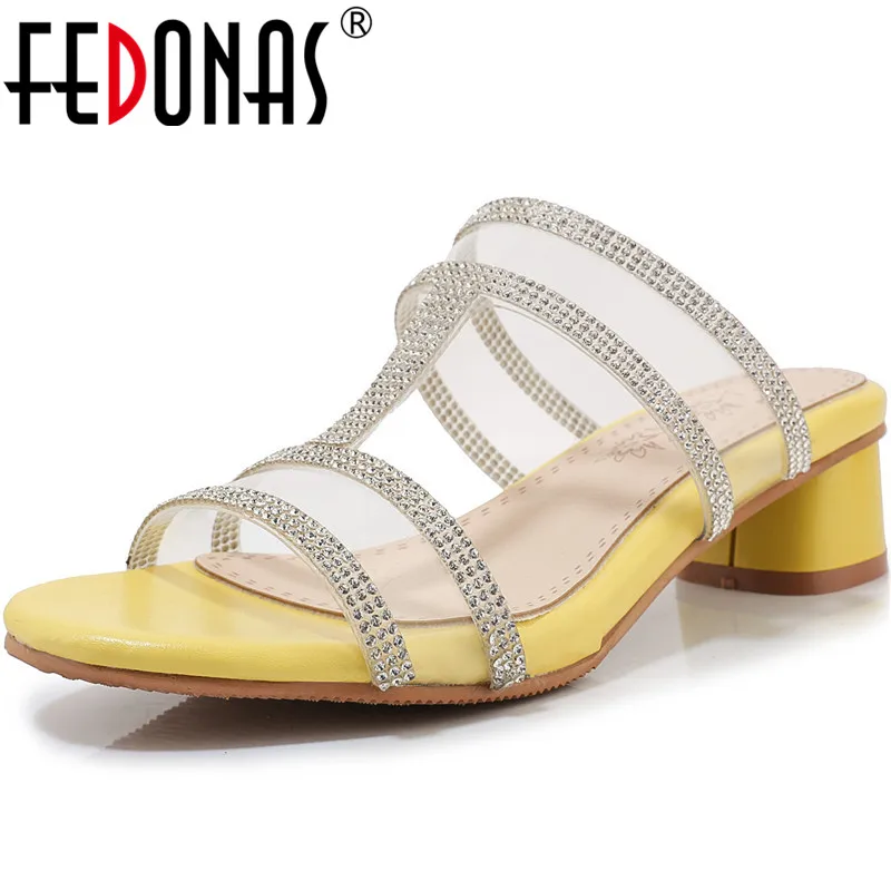 

FEDONAS Sweet Rhinestone Glitters Women Sandals 2020 Summer New Square Heeled Show Off Open Toe Party Prom Fahion Shoes Woman