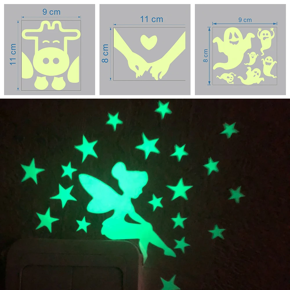 Description Picture 5 of itemFunny Cat Dog Fairy Car Stars Pattern Switch Stickers Glow In The Dark Pvc Decal Kids Room Home Decoration Diy Luminous Wall Art