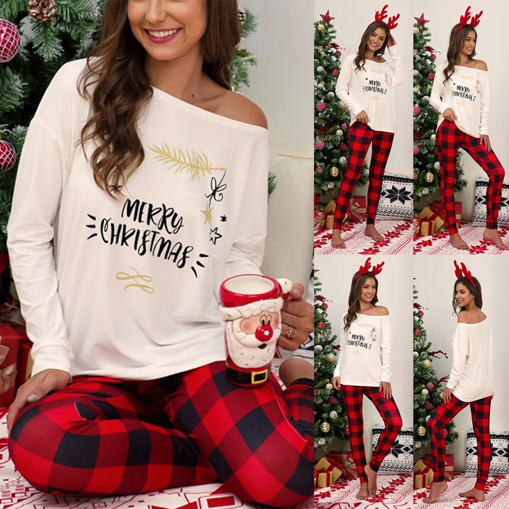 Рождественский костюм с буквенным принтом, рубашка с длинными рукавами, клетчатые длинные штаны, повседневные пижамы, женский домашний костюм, комплект из двух предметов