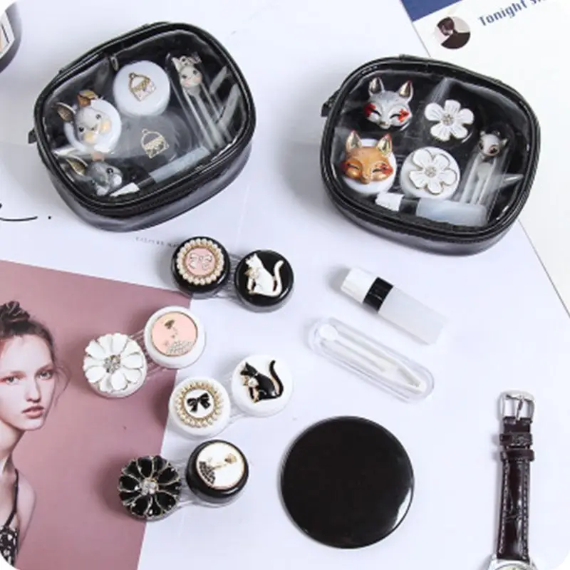 

2 Pair Contact Lens Box Cute Cartoon Storage Case Portable Organizer Tweezers Cosmetic Eyewear Lenses Care Kit X5XC