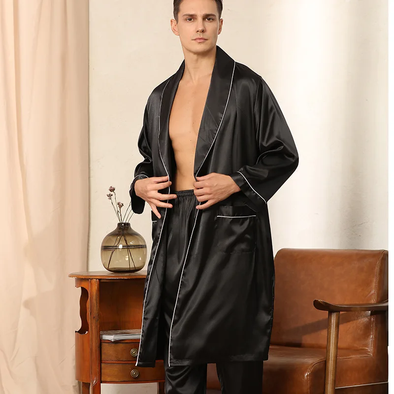 Men Pajamas Satin Kimono Robe Gown Pants Thin Nightgown Two-pieces Bathrobe&Trousers Suit Summer Long Sleeve Nightwear