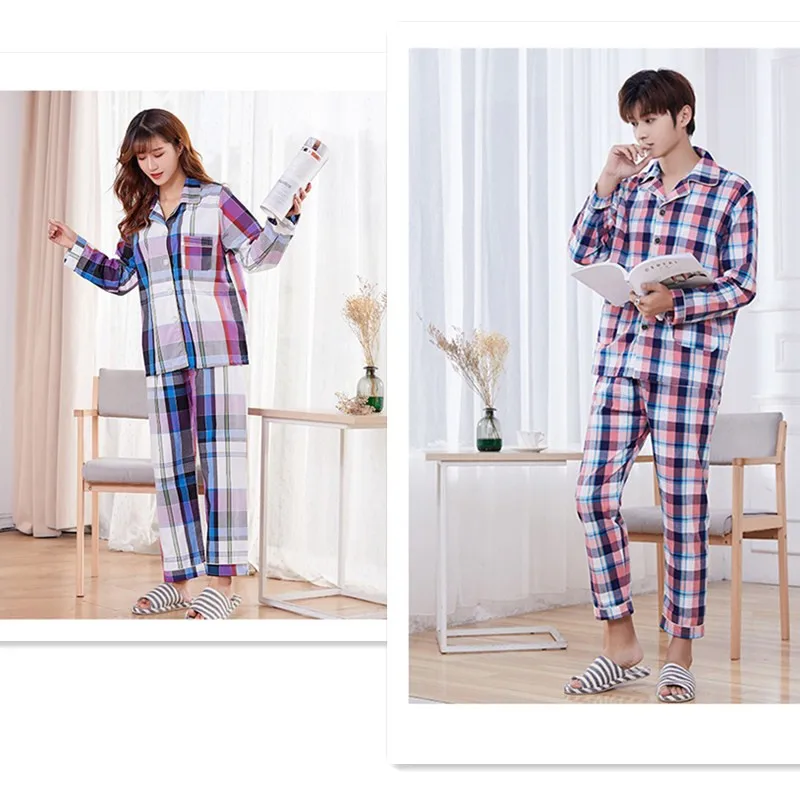

Spring And Autumn Couples Home Wear Cotton Plaid Men And Women Pajamas Leisure Suit Ranking Service Home Sports Jackets