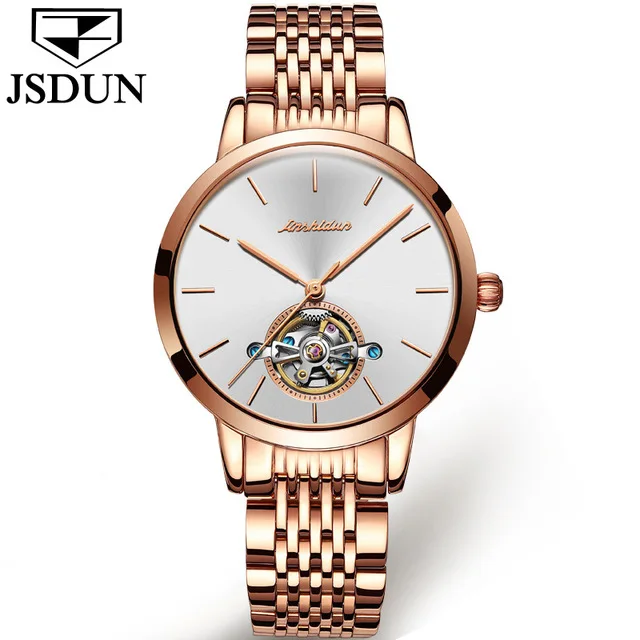 JSDUN Switzerland Роскошные брендовые автоматические механические часы розовые, золотые, женские часы Tourbillon наручные часы из нержавеющей стали - Цвет: Steel White