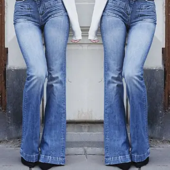 

Women Fashion High Waist Retro Denim Jeans Stretch Slim Jeggings Pants Flare Solid Color Trousers