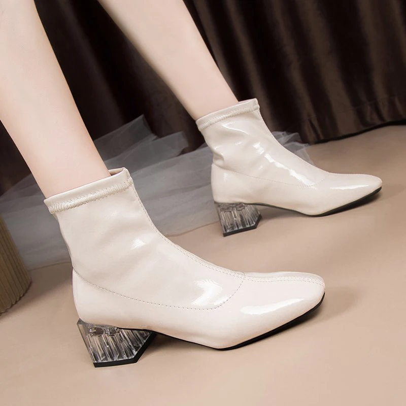 Botines de Cuero de charol transparente para mujer, zapatos con tacones  medios, cálidos, para invierno, 2020 - AliExpress Calzado