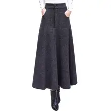 Женские полосатые шерстяные юбки осень зима мода Высокая талия Элегантный шерстяной Теплый плиссированные длинные юбки Повседневные женские Saia Longa r2066