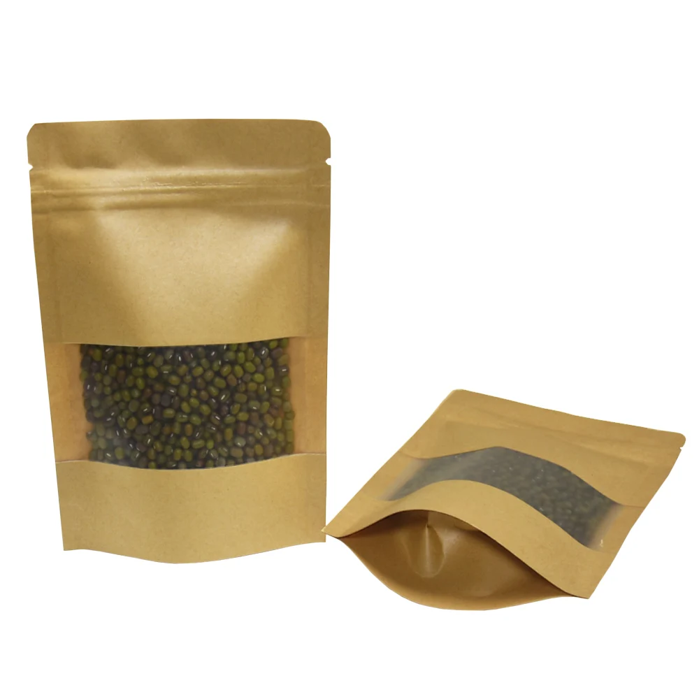

50pcs/lot 9x14cm Brown Stand Up Grip Seal Craft Paper Dried Food Nuts Snacks Package Bag Zip Lock Kraft Paper Clear Window Bag